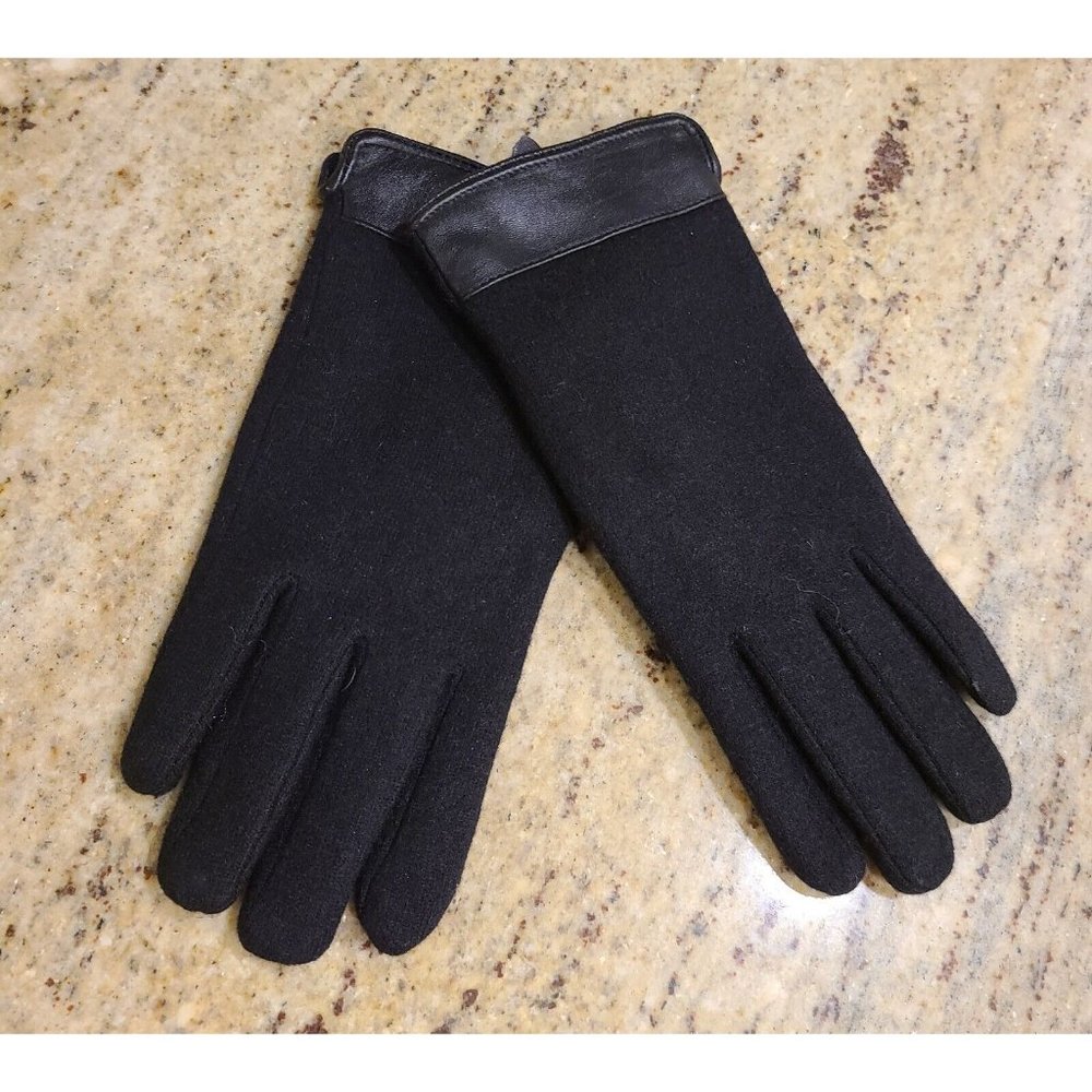New! Size L XL Black Wool Tight Knit Leather Wrist Velvet Lined 9.5" Gloves